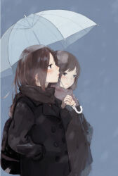  2girls backpack bag black_bag black_coat black_eyes black_scarf blush breath brown_hair coat commentary_request from_side grey_scarf han_(aiueo) hand_in_pocket holding holding_hands holding_umbrella long_hair long_sleeves multiple_girls original outdoors profile scarf shared_umbrella standing straight_hair transparent transparent_umbrella umbrella upper_body white_umbrella winter winter_clothes yuri 