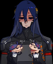  1girl adler_(signalis) android arguing black_background blue_eyes blue_hair character_doll doll expressionless facial_mark falke_(signalis) forehead_mark grawlix hand_puppet highres iculovedom kolibri_(signalis) long_hair puppet red_pupils signalis simple_background upper_body 