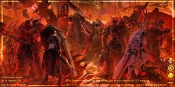  3girls 6+boys absurdres adeptus_astartes armor axe black_cloak blonde_hair blood_angels broken_mask chain cloak coffin crossover english_text flag full_armor goddess_of_victory:_nikke grave_(nikke) gun highres holding holding_axe holding_flag holding_gun holding_weapon mask multiple_boys multiple_girls ornate_armor pauldrons power_armor rapi_(nikke) rapi_(red_hood)_(nikke) red_hair rifle ronal_1710 science_fiction shoulder_armor skull_and_crossbones skull_ornament snow_white_(nikke) snow_white_(white_knight)_(nikke) standing warhammer_40k weapon white_hair 