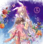  alternate_costume animal_ears bad_id black_hair blue_dress bunny_ears bunny_tail closed_eyes dress eyes_closed flower hand_holding hand_on_head holding_hands hug inaba_tewi interlocked_fingers multiple_girls pf pink_dress pink_hair reisen_udongein_inaba smile tail touhou yellow_eyes 
