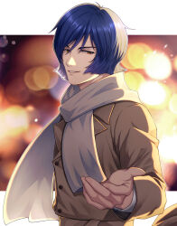  1boy blurry blurry_background bokeh brown_coat brown_eyes brown_sash casual coat commentary_request depth_of_field fingernails garma_zabi grin gundam highres lapels looking_at_viewer male_focus mobile_suit_gundam murakami_(mrkm3103) notched_lapels purple_hair reaching reaching_towards_viewer scarf shirt smile solo upper_body white_scarf white_shirt winter_clothes 
