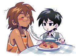 2boys antenna_hair black_eyes black_hair black_sweater_vest blush_stickers brown_hair closed_eyes closed_mouth collarbone collared_shirt commentary dark-skinned_male dark_skin double-parted_bangs eating english_text food hair_between_eyes highres kel_(faraway)_(omori) kel_(omori) knife male_focus meatball multiple_boys omori pasta remi_(mozzaremi) shirt short_hair short_sleeves simple_background single_blush_sticker slurping smile spaghetti spaghetti_and_meatballs sunny_(omori) sweater_vest white_background white_shirt
