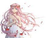  cleavage dress flower hair_flower hair_ornament head_wreath just_be_friends_(vocaloid) long_hair megurine_luka petals pink_hair red_string ribbons simple_background smile solo string tunapon01 vocaloid white 