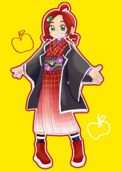 1girl absurdres ahoge andou_ringo andou_ringo_(summery) between_legs blue_shorts blush character_hat collarbone commentary_request dot_nose drill_hair green_eyes green_hat hand_between_legs hat highres holding holding_water_gun japanese_clothes jazz_grace jewelry kimono kneeling leaf necklace official_alternate_costume open_mouth orange_t-shirt puyo_(puyopuyo) puyopuyo puyopuyo_quest red_hair red_kimono shell shell_necklace shorts solo sweatband swimsuit twin_drills twintails visor_cap water_gun wristband yellow_t-shirt