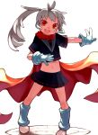  cape child copyright_request footwear gloves grey_hair long_hair loose_socks midriff orange_eyes oversized_clothes ponytail skirt socks solo 