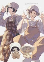  2boys akutagawa_ryuunosuke_(bungou_stray_dogs) beanie black_hair brown_overalls bungou_stray_dogs commentary dress_shirt grey_hair hat highres invisible_chair looking_at_viewer male_focus multiple_boys nakajima_atsushi_(bungou_stray_dogs) overalls shirt short_hair sidelocks simple_background sitting smile t-shirt totomuraakat twitter_username untranslatable_commentary white_background white_shirt 