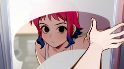  1girl black_eyes blue_hair blurry blurry_background closed_mouth collarbone colored_tips commentary derivative_work english_commentary eyelashes fingernails highres mirror multicolored_hair pink_hair pov ramona_flowers reflection reflection_focus scott_pilgrim_(series) scott_pilgrim_takes_off screenshot_redraw short_hair signature solo sunnypoppy two-tone_hair wiping 