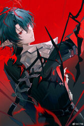  1boy absurdres arknights black_jacket black_pants blue_hair camille_(arknights) chinese_commentary commentary_request earrings gradient_background grey_background halo highres jacket jewelry koroy looking_at_viewer looking_back male_focus multicolored_hair pants parted_lips pointy_ears red_background red_eyes red_hair short_hair solo streaked_hair watermark 
