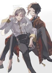  2boys adjusting_eyewear akutagawa_ryuunosuke_(bungou_stray_dogs) black_hair black_pants black_shoes bungou_stray_dogs chinese_clothes closed_mouth commentary_request glasses grey_hair highres invisible_chair looking_at_viewer male_focus multiple_boys nakajima_atsushi_(bungou_stray_dogs) pants round_eyewear shoes short_hair sidelocks simple_background single_sidelock sitting tongue tongue_out totomuraakat white_background 