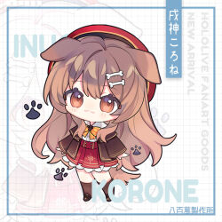  1girl animal_ears beret black_shoes black_socks blush brown_eyes brown_hair character_name commentary_request dog_ears dog_girl dog_tail english_text hair_between_eyes hair_over_shoulder hat hololive inugami_korone light_smile long_hair long_sleeves looking_at_viewer paw_print red_hat red_skirt shoes skirt socks solo tail virtual_youtuber yrzd_s 