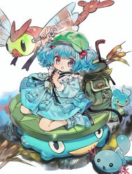  1girl absurdres backpack bag blue_boots blue_eyes blue_hair blue_shirt blue_skirt boots cat_tail character_request chinese_commentary commentary_request crossover crowbar green_bag green_hat hair_bobbles hair_ornament hat highres holding holding_wrench jewelry kawashiro_nitori key key_necklace looking_at_viewer medium_hair necklace pokemon pokemon_(creature) riding sayoko404 shirt sitting skirt tail touhou two_side_up wrench 