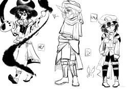  3others adapted_costume androgynous ascot baggy_pants belt belt_buckle boots buckle choker cine_hamal collarbone collared_jacket commentary crop_top cropped_jacket crossed_belts english_commentary enraku_tsubakura enriolhc expressionless eye_of_senri eye_on_hat final_fantasy final_fantasy_xiv frilled_headwear frilled_thighhighs frills frown full_body greyscale hair_between_eyes happy hat heart height_difference highres holding holding_paint_palette holding_paintbrush hood hood_down hooded_jacket ink ink_on_face ink_on_hands jacket jewelry kuzu_suzumi len'en long_hair_between_eyes long_skirt long_sleeves looking_at_another midriff military_uniform mob_cap monochrome multiple_belts multiple_others navel necklace one_eye_closed open_clothes open_jacket open_mouth other_focus oversized_object paint_palette paintbrush pants pants_under_skirt parody parted_lips pointy_boots poncho puffy_long_sleeves puffy_sleeves rabbit scarf shitodo_kuroji shoe_belt short_hair shorts showgirl_skirt simple_background skirt sleeve_cuffs sleeves_past_wrists smile spoken_heart standing teeth thigh-highs thigh_boots top_hat translation_request triangular_headpiece turban upper_teeth_only white_background 