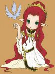  bare_shoulders belt bird brown_background choker dress green_eyes hair_ornament hairpin inanna kirie kneeling long_hair pointy_ears ponytail red_hair redhead smile solo tales_of_(series) tales_of_innocence very_long_hair white_dress 