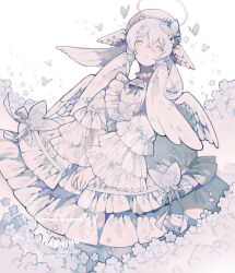  1girl angel_wings beret bow bowtie bug butterfly butterfly_hair_ornament collared_dress dress feathered_wings flower frilled_dress frilled_dress_collar frilled_sleeves frills hair_flower hair_ornament hair_wings halo hat head_wings highres layered_dress layered_sleeves littlebluemuffin looking_up original petals ribbon watermark white_background white_bow white_bowtie white_butterfly white_eyes white_flower white_hair white_halo white_ribbon wings 