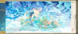  1girl absurdres alternate_language blue_hair commentary earrings english_commentary fiery_horns forehead_tattoo hair_ornament hair_stick hand_up highres horns jewelry long_hair looking_at_another official_art people projected_inset qingxiao_(wuthering_waves) tattoo village wuthering_waves 