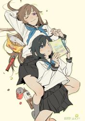  2girls absurdres bag_of_chips bddd777 between_legs black_hair black_sailor_collar black_skirt blue_eyes blue_neckerchief blush book bottle brown_hair can closed_mouth commentary dated food grey_socks hand_in_another's_hair highres holding holding_book kneehighs long_hair miyagi_shiori multiple_girls neckerchief one_eye_closed pleated_skirt pocky sailor_collar school_uniform sendai_hazuki serafuku shirt short_hair shuuniichido_classmate_wo_kau_hanashi skirt smile socks violet_eyes white_shirt yellow_background yuri 