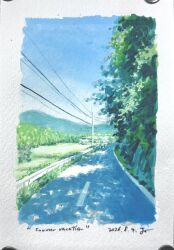  absurdres blue_sky border clear_sky commentary dated day english_commentary foliage highres hill horizon katayama_joe landscape no_humans original outdoors power_lines road scenery shade sky traditional_media utility_pole white_border 