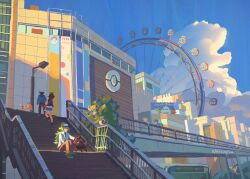  1girl 2boys backwards_hat baseball_cap blue_jacket blue_sky building clouds cloudy_sky denim denim_shorts hat highres hilbert_(pokemon) hilda_(pokemon) holding holding_poke_ball jacket multiple_boys n_(pokemon) nalikaylee outdoors poke_ball pokemon pokemon_(creature) pokemon_black_and_white shorts sky skyscraper zorua 
