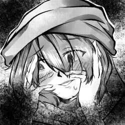  1other @_@ androgynous bare_shoulders choker cine_hamal commentary enriolhc eyes_visible_through_hair fingernails greyscale hair_over_one_eye hands_on_own_cheeks hands_on_own_face highres kuzu_suzumi len'en looking_to_the_side monochrome nervous nervous_smile open_mouth other_focus scarf short_hair smile solo sweatdrop teeth turban untranslatable_commentary upper_body vignetting wavy_hair wide-eyed 