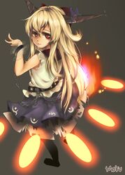  alternate_hair_color belt blonde_hair bow chain chains cuffs danmaku hair_bow horn_ribbon horns ibuki_suika long_hair looking_back mokomaru pantyhose red_eyes ribbon skirt sleeveless sleeveless_shirt solo touhou very_long_hair 