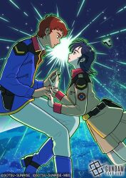  1boy 1girl aeug amuro_ray black_hair blue_eyes brown_hair chan_agi char's_counterattack earth_federation earth_federation_space_forces eye_contact gundam gundam_card_game holding_hands in_orbit komayama_akira looking_at_another messy_hair space spiky_hair star_(sky) 