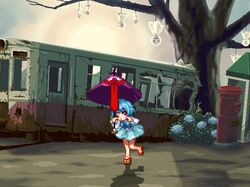  blue_hair chiga geta karakasa_obake pixel_art red_eyes short_hair solo tatara_kogasa tongue touhou train umbrella 