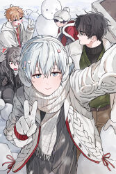  5boys :d =_= ^^^ arm_up beads belt black_gloves black_hair black_jacket black_sweater blue_eyes blush_stickers brown_belt cape crossed_bangs diagonal-striped_clothes diagonal-striped_necktie dot_nose double-parted_bangs drawstring earmuffs fringe_trim from_above ggggg000011123 gloves green_sweater grey_hair grey_pants grey_shirt grid_background hair_beads hair_between_eyes hair_ornament hand_up hat highres iro_cloud jacket knit_jacket koyo_tempest long_sleeves looking_at_another looking_up male_focus multiple_boys necktie newsboy_cap nino_sunday open_clothes open_jacket orange_hair oto_rainy outdoors pants plaid_clothes plaid_jacket pom_pom_(clothes) profile purple_hair rectangular_mouth red_cape red_eyes red_necktie robo_frostor scarf selfie shirt short_hair skoshism smile snowman striped_clothes striped_necktie surprised sweater turtleneck turtleneck_sweater upper_body utaite v very_short_hair violet_eyes virtual_youtuber white_gloves white_hair white_hat white_jacket white_scarf winter zipper_pull_tab 
