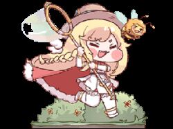  1girl :3 animated animated_gif artist_request bee blonde_hair blush_stickers braid bug bush butterfly_net cape chibi chibi_only closed_eyes closed_mouth detached_wings dress erpin_(trickcal) fangs fur-trimmed_cape fur_trim garter_straps grass hand_net hat holding holding_butterfly_net loading_screen long_hair looping_animation lowres official_art open_mouth red_cape running side_braid smile solo thigh-highs transparent_background trickcal very_long_hair white_dress white_thighhighs wings 