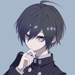  1boy absurdres ahoge black_hair danganronpa_(series) danganronpa_v3:_killing_harmony hair_between_eyes hand_on_own_chin hand_up highres jacket jiabingkele long_sleeves male_focus portrait saihara_shuichi short_hair striped_clothes striped_jacket thinking 