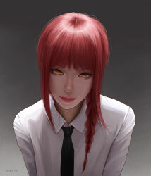  1girl absurdres artist_name black_necktie braid chainsaw_man closed_mouth collared_shirt gradient_background grey_background highres lips long_hair looking_at_viewer makima_(chainsaw_man) necktie nose orange_eyes realistic red_hair ringed_eyes shirt side_braid sidelocks solo upper_body white_shirt wind_fy 