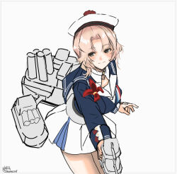  1girl adapted_turret artist_logo beret black_hair blonde_hair blue_jacket blue_sailor_collar cananocouf commentary_request cowboy_shot hat highres jacket kantai_collection logo pleated_skirt rigging sailor_collar short_hair simple_background skirt smile solo unfinished vautour_(kancolle) white_background white_hat white_skirt 