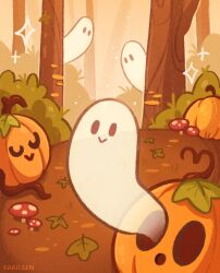  artist_name autumn bush commentary english_commentary forest ghost highres kaaileen leaf mushroom nature no_humans original outdoors pumpkin smile sparkle tree 