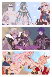  ahoge aino_(genshin_impact) alyosha_(genshin_impact) beard beer_mug black_gloves blue_hair card character_snowman commentary_request cup dice dog dress earmuffs facial_hair flins_(genshin_impact) flower fur-trimmed_hood fur_trim genius_invokation_tcg genshin_impact gloves grey_hair hair_flower hair_ornament hands_on_own_hips hat head_wings highres holding holding_card hood husky illuga_(genshin_impact) ineffa_(genshin_impact) lab_coat linnea_(genshin_impact) mug mustache nikita_(genshin_impact) norn227667 odette_(genshin_impact) pink_hair pointy_ears polyhedral_dice red_scarf robot_girl scarf smile snowman vision_(genshin_impact) vodyanitsa_(genshin_impact) white_dress wings 
