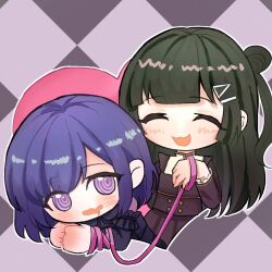  2girls @_@ akiha_school_uniform bang_dream! bang_dream!_yumemita blush bob_cut bound bound_wrists chinese_commentary closed_eyes commentary_request drooling fuji_miyako fuji_miyako_(real) green_hair hair_bun holding holding_leash leash long_hair long_sleeves medium_hair multiple_girls oooakrin open_mouth purple_hair school_uniform single_side_bun smile viola_(bang_dream!) violet_eyes yuri 