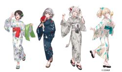  4girls animal_ears black_hair blonde_hair closed_mouth commentary_request full_body green_eyes grey_hair hair_ornament hairband hand_fan hand_up holding hololive ice_cream_cone japanese_clothes kazama_iroha kimono lion_ears lion_girl long_sleeves looking_at_viewer medium_hair multiple_girls nonomaro obi official_art okobo oozora_subaru open_mouth platform_sandals ponytail print_kimono sandals sash shirogane_noel shishiro_botan short_hair simple_background smile standing standing_on_one_leg tongue tongue_out virtual_youtuber white_background white_hairband wide_sleeves yukata zouri 