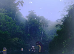  1girl atmosphere chinese_commentary commentary_request fog forest full_body glowing greenery highres jungle nature original outdoors scenery short_hair solo tree white_hair zhuliye_bu_ai_chi_qiezi 