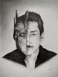  1boy 2020 absurdres artist_request black_hair black_shirt commentary facial_hair graphite_(medium) greyscale highres male_focus monochrome mustache optimus_prime paper peter_cullen portrait real_life shirt signature simple_background thick_eyebrows traditional_media transformers white_background 