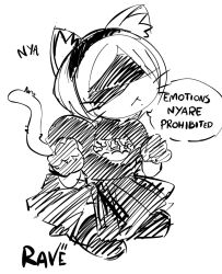  1girl 2b_(nier:automata) animal_ears black_dress black_hairband blindfold cat_ears cat_girl cat_tail chibi chibi_only clothing_cutout covered_eyes dress hairband juliet_sleeves kemonomimi_mode leotard long_sleeves mole mole_under_mouth nier:automata nier_(series) paw_pose puffy_sleeves rave_vii short_hair solo tail talking triangle_mouth white_hair 