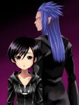  black_hair blue_hair earrings jewelry kingdom_hearts long_hair purple_eyes saix scar short_hair vanitassora violet_eyes xion_(kingdom_hearts) yellow_eyes 