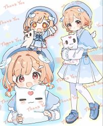  +_+ 1girl :d blue_capelet blue_hat blue_shoes blue_skirt blunt_bangs blush_stickers capelet chibi closed_mouth commentary_request commission dousanmai full_body hair_intakes hat head_wings heart heart-shaped_pupils holding holding_pillow long_sleeves looking_at_viewer multiple_views open_mouth orange_hair original pantyhose pillow red_eyes shirt shoes short_hair skeb_commission skirt sleeves_past_wrists smile standing symbol-shaped_pupils thank_you white_pantyhose white_shirt wings 