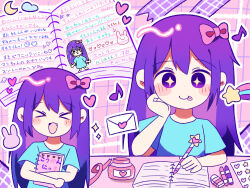  >_< +_+ 1girl :d aubrey_(headspace)_(omori) aubrey_(omori) blue_shirt blush bow closed_eyes commentary_request double-parted_bangs envelope eraser fang forest_bunny_(omori) hair_between_eyes hair_bow holding holding_notebook holding_pencil hoshidashiki long_hair love_letter notebook omori open_mouth pencil pink_bow purple_hair shirt short_sleeves sidelocks smile solo tongue tongue_out translation_request violet_eyes writing xd 