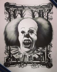  1boy 2018 artist_request black_eyes clown clown_nose graphite_(medium) greyscale horror_(theme) it_(stephen_king) male_focus monochrome monster monster_boy open_mouth paper pennywise portrait sharp_teeth teeth tim_curry traditional_media 