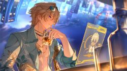  2boys absurdres alcohol armband aventurine_(honkai:_star_rail) aventurine_(waveflair)_(honkai:_star_rail) bad_link bad_miyoushe_link blonde_hair blue-tinted_eyewear blue_shirt bottle city collared_shirt cup eyewear_on_head floral_print floral_print_shirt game_asset hair_between_eyes hair_intakes hawaiian_shirt highres holding holding_cup holographic_interface holographic_monitor honkai:_star_rail honkai_(series) jewelry lapels long_sleeves multiple_boys necklace night notched_lapels official_art open_clothes open_shirt parted_lips pectoral_cleavage pectorals print_shirt ring shirt short_hair skyline solo_focus sugilite_(honkai:_star_rail) sugilite_(stoneheart's_oath_ring)_(honkai:_star_rail) sunglasses table tinted_eyewear upside-down_world video_call violet_eyes wine_bottle yellow_armband 