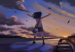  black_legwear character_request clenched_hand clenched_hands cloud clouds copyright_request evening fist floating_hair from_behind keychain kimura_(pixiv178485) leaf outstretched_arms pleated_skirt raised_fists skirt sky solo spread_arms standing sun sunset twilight water wind 