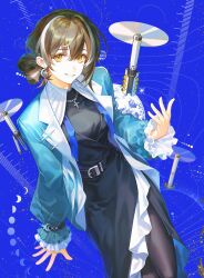  1girl absurdres ambience_synesthesia arknights black_dress black_pantyhose blue_background blue_jacket breasts brown_hair commentary_request cowboy_shot dress drone earrings hair_up hand_up highres jacket jewelry korean_commentary leejang777 long_sleeves looking_at_viewer magallan_(arknights) moon_phases multicolored_hair necklace pantyhose short_hair side_slit sidelocks simple_background small_breasts smile solo streaked_hair white_hair yellow_eyes 