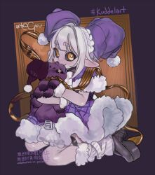 1girl alternate_costume arthropod_girl biting biting_ear black_sclera blunt_bangs blush braid bright_pupils bug colored_sclera colored_skin commentary creature double_bun dress ear_blush english_commentary fur-trimmed_dress fur-trimmed_socks fur_trim girutea grey_skin hair_bun hat high_heels holding holding_creature hug hug_from_behind indie_virtual_youtuber koomers_(kumo_kuddelmuddel) kumo_kuddelmuddel looking_at_viewer loose_socks nibbling pointy_ears purple_background purple_dress purple_hat santa_hat side_braid simple_background sitting socks solo_focus spider spider_girl spider_web_print star-shaped_pupils star_(symbol) symbol-shaped_pupils thick_eyebrows thigh_strap virtual_youtuber wariza white_hair white_pupils wire yellow_eyes 