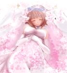  blue_rose brown_hair closed_eyes dress elbow_gloves eyes_closed flower gloves hips idolmaster jewelry kamashy petals ring rose short_hair veil wedding_dress wedding_ring wide_hips 