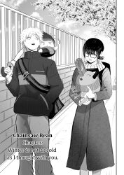 1boy 1girl absurdres bag beanie black_hair blush brick_wall chainsaw chainsaw_man cloudbuster_104 denji_(chainsaw_man) dog dress fence hand_in_pocket hat highres looking_to_the_side makima_(chainsaw_man) mitaka_asa monochrome pants pochita_(chainsaw_man) scarf short_hair shoulder_bag sweater tree twintails umbrella 