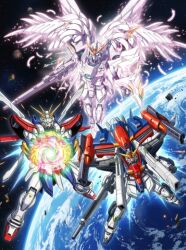  after_war_gundam_x bakunetsu_god_finger beam_cannon beam_rifle commentary_request dendrobium_schema energy_gun feathers g_gundam glowing glowing_eyes glowing_hand god_gundam green_eyes gun gundam gundam_double_x gundam_wing gundam_wing:_frozen_teardrop highres holding holding_gun holding_weapon in-franchise_crossover jahp3444 looking_at_viewer mecha mecha_focus mechanical_wings mobile_suit no_humans robot satellite_cannon science_fiction sekiha_tenkyoken shoulder_cannon super_robot thrusters v-fin weapon wing_gundam_snow_white_prelude wings 