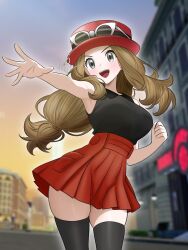  black_eyes blonde_hair blurry blurry_background catfoxart city cityscape eyewear_on_headwear fedora hat long_hair lumiose_city open_hand open_mouth poke_ball_print pokemon pokemon_x_and_y prism_tower red_hat red_skirt serena_(pokemon) shirt sidelocks signature skirt sleeveless sleeveless_duster sleeveless_shirt smile sunglasses white-framed_eyewear 